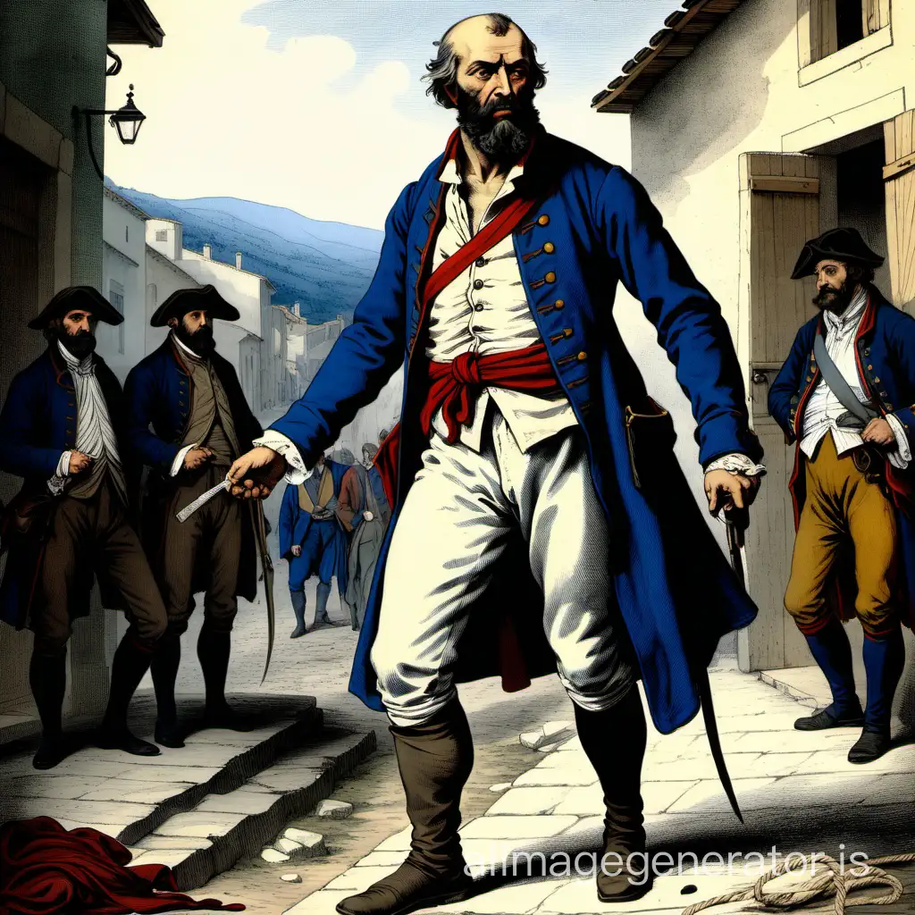 early October 1815, late in the day, a man, Jean Valjean, head shaved, long beard, is walking, he arrives in Digne, so the inhabitants look at him with concern. This man is stocky and wears a twisted rope tie, blue worn and frayed jean pants, white at one knee,