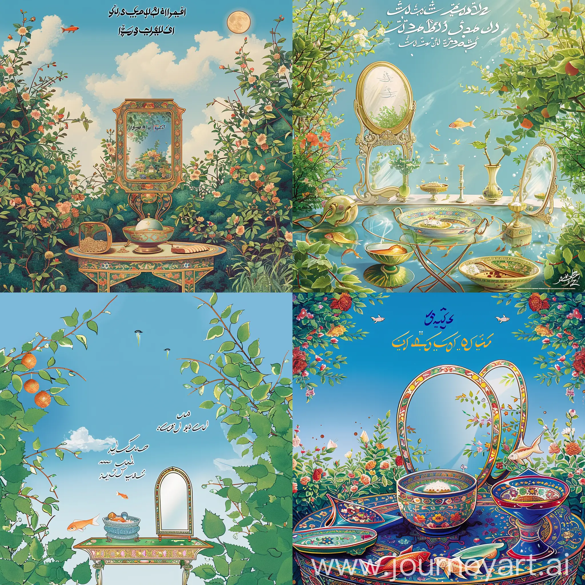 Create a picture that includes a New Year’s prayer at the top and New Year’s greetings in both Persian Nastaliq script and English, set in a spring setting with greenery, blue sky, and an Iranian Haft-Seen table with a mirror and a fish in a bowl.

