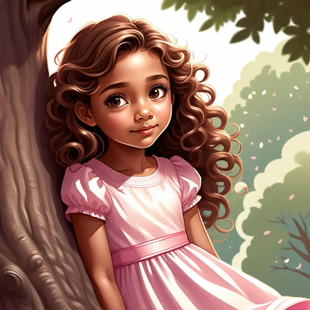 Flat art, children's book, cute, 7 year old girl, tan skin, light hazel eyes, long tight curl brown hair, beautiful, thinking , pensive, looking down , charming light-hearted style, pink and white dress, cartoon style, tree