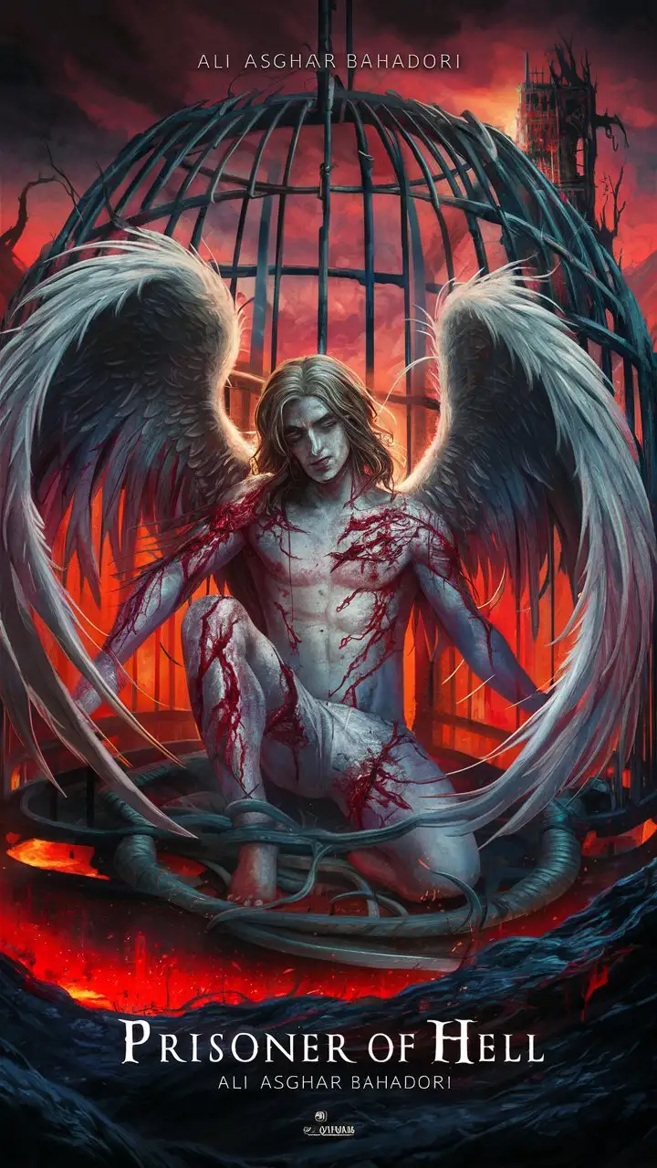 A screenplay called Prisoner of Hell written by Ali Asghar Bahadori . And in the image of a big cage in hell, inside is a beautiful long-haired boy with angel wings, whose body is full of wounds.