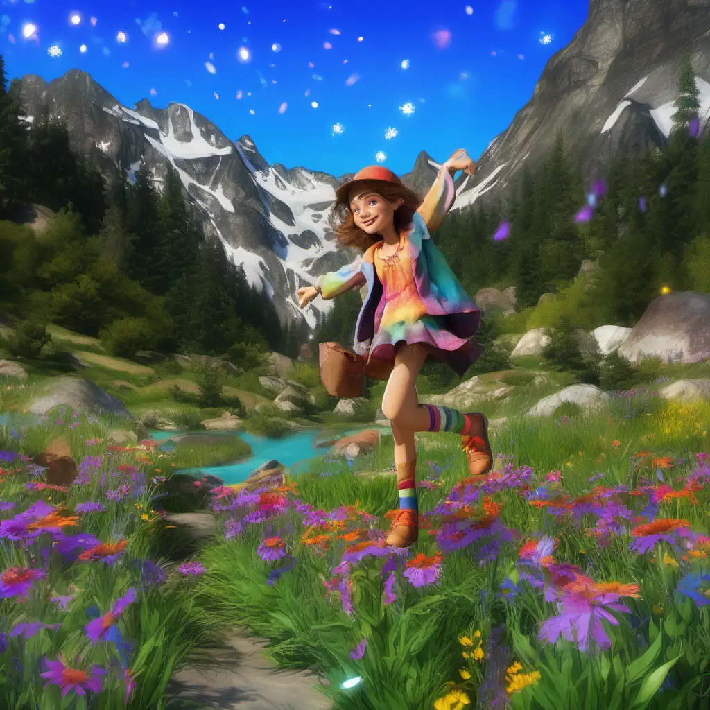 Lila Luise She has long, chestnut brown hair that flows freely, often seen dancing in the breeze. Her eyes are a striking shade of blue, reminiscent of a clear summer sky.
Clothing: Lila wears a whimsical hat striped with vibrant colors, like a rainbow. Her outfit is playful and colorful, suitable for an adventurous young girl. She sports a pair of shoes that sparkle as if they were sprinkled with stardust, adding a magical touch.
Expression: Lila’s face is often lit up with a bright, curious smile, reflecting her adventurous and joyful spirit. watercolor style character sheet, full body