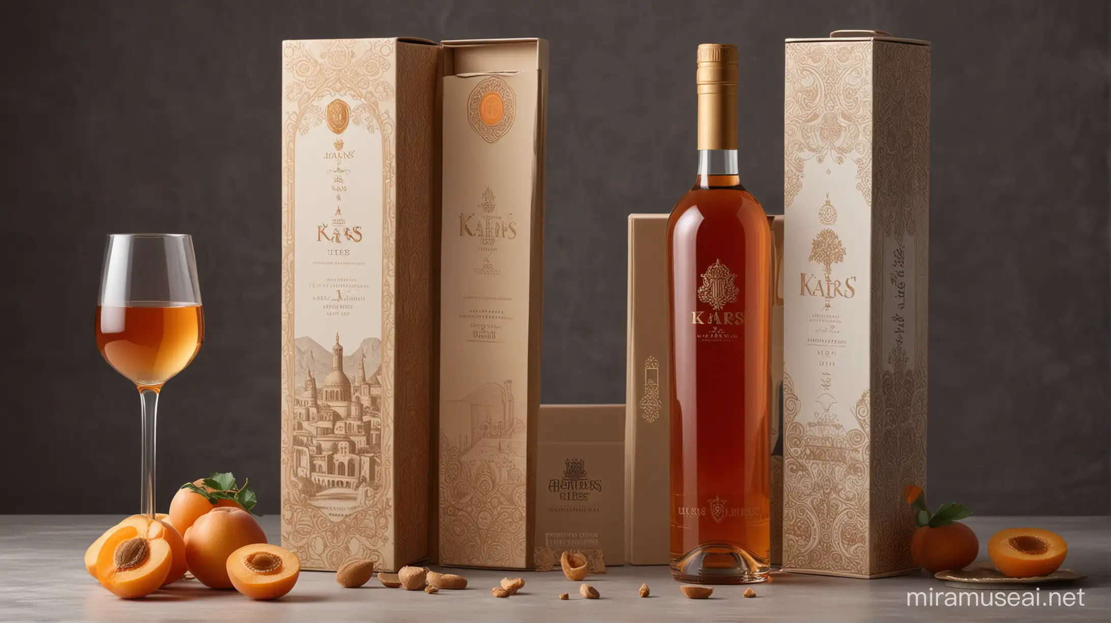 A luxurious bottle and box of Armenian Apricot wine from royal times with modern and exclusive style packaging, called "KARS"