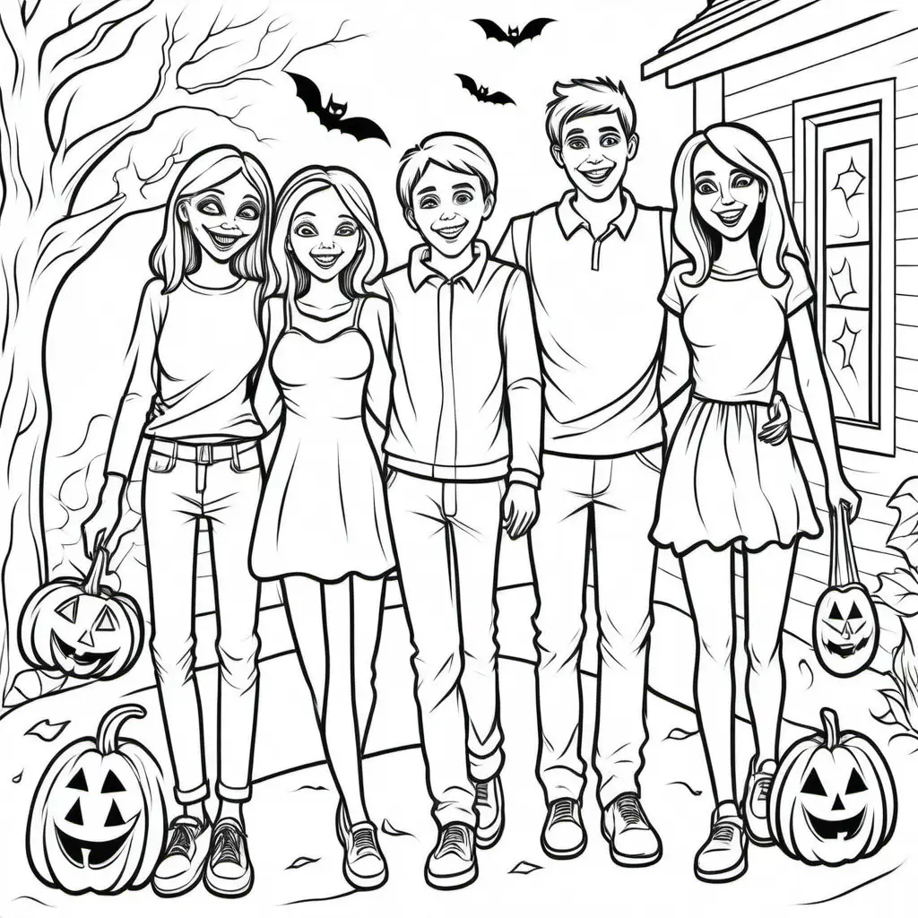Happy Teenage Girls and Boy in Black and White Halloween Coloring Book Illustration