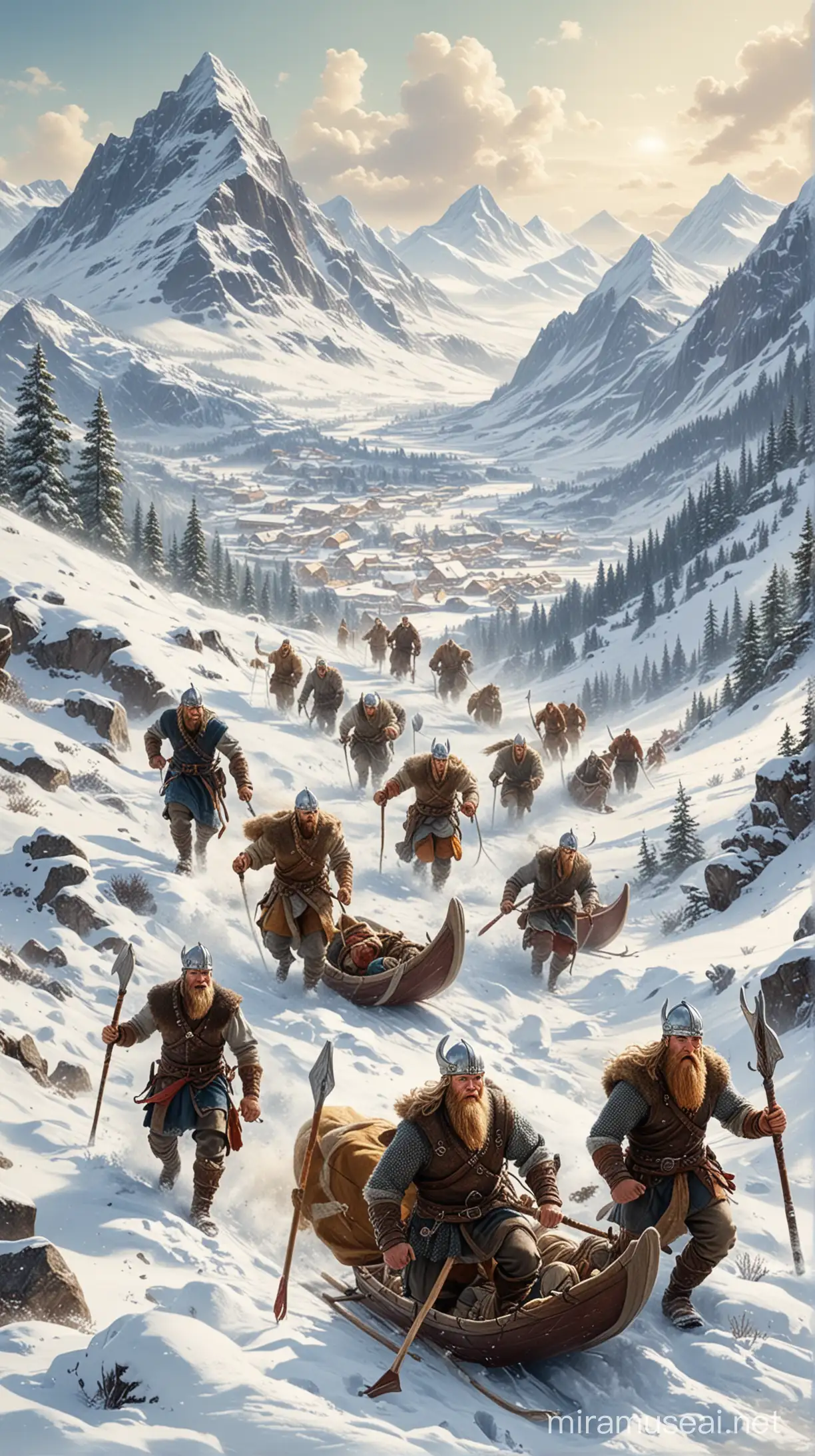 An illustration of Vikings skiing: On the slopes of a snow-covered mountain, Vikings are depicted skiing and enjoying themselves. A group of Vikings glides down the slopes with excitement while exploring the surrounding natural landscape, while others travel on sleds carrying their belongings.

