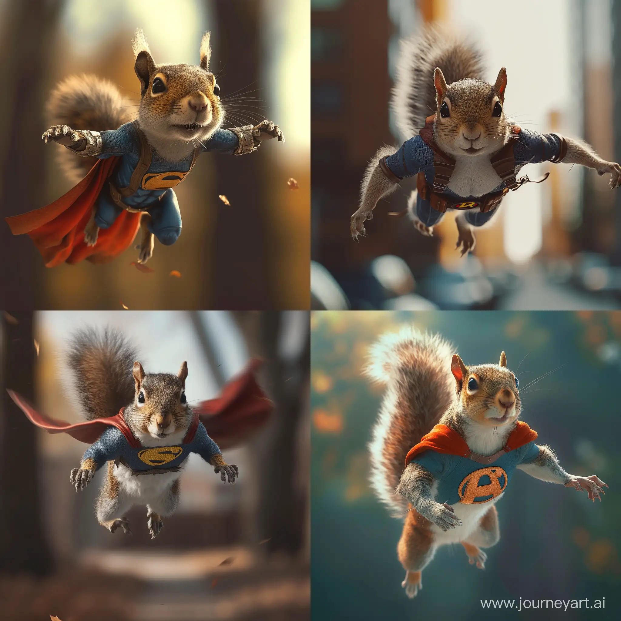 Squirrel flying in superhero costume, photorealism, realism, long shot --v 6 --ar 1:1 --no 42663