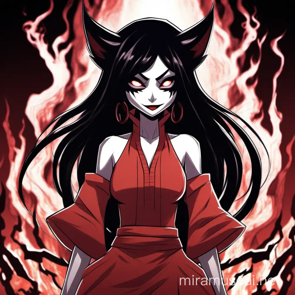 A Filipina hazbin hotel character as a demon in hell with black hair inspired by a fox