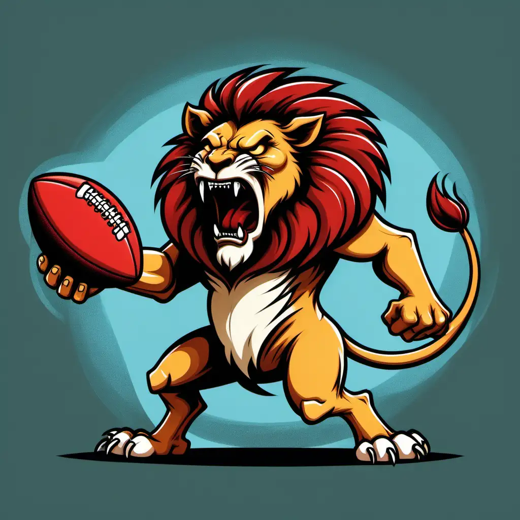 Ferocious Cartoon Lion Roaring and Ripping Red Football