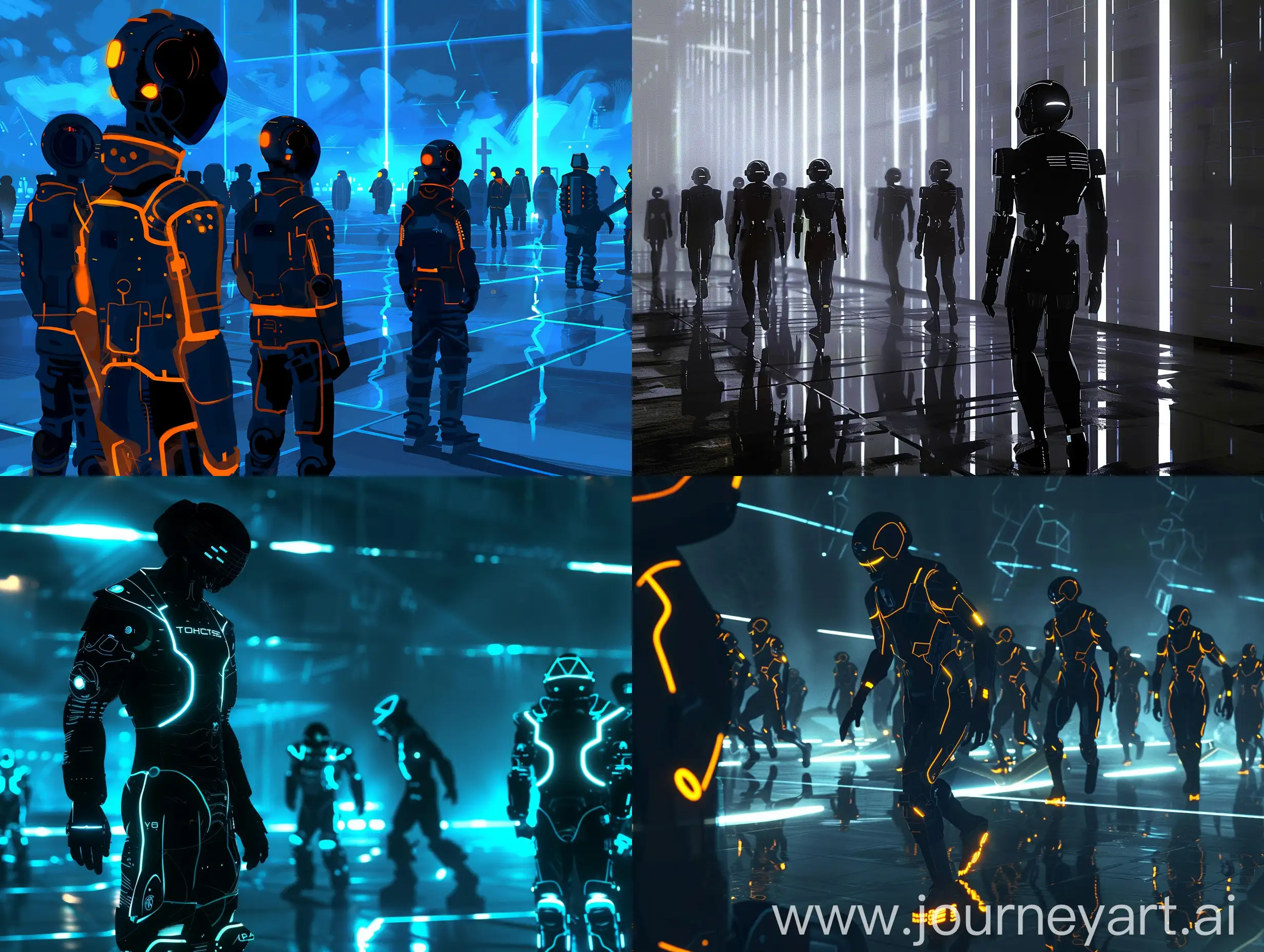 Сделай картинку в стиле тёмного киберпанка будущего , с людьми роботами в стиле фильма "Трон Наследие"
