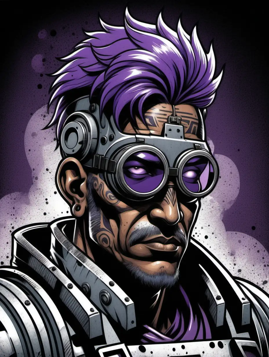 comic book inked style close up portrait of indian man with violet hair. wearing light grey power armor. goggles worn on forehead. dark grey background