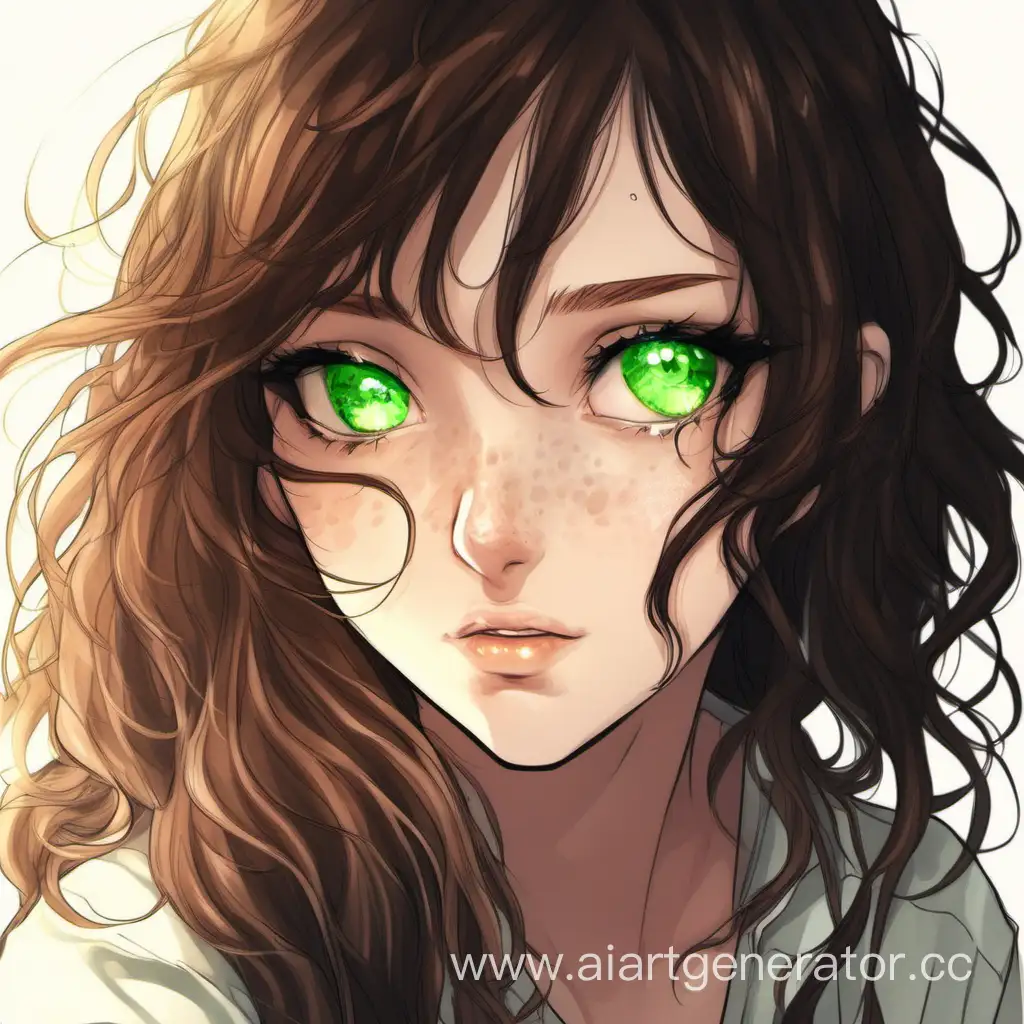  арт девушки, 18 лет, зеленые глаза, шатенка, волосы чуть ниже плеч, волосы волнистые, веснушки