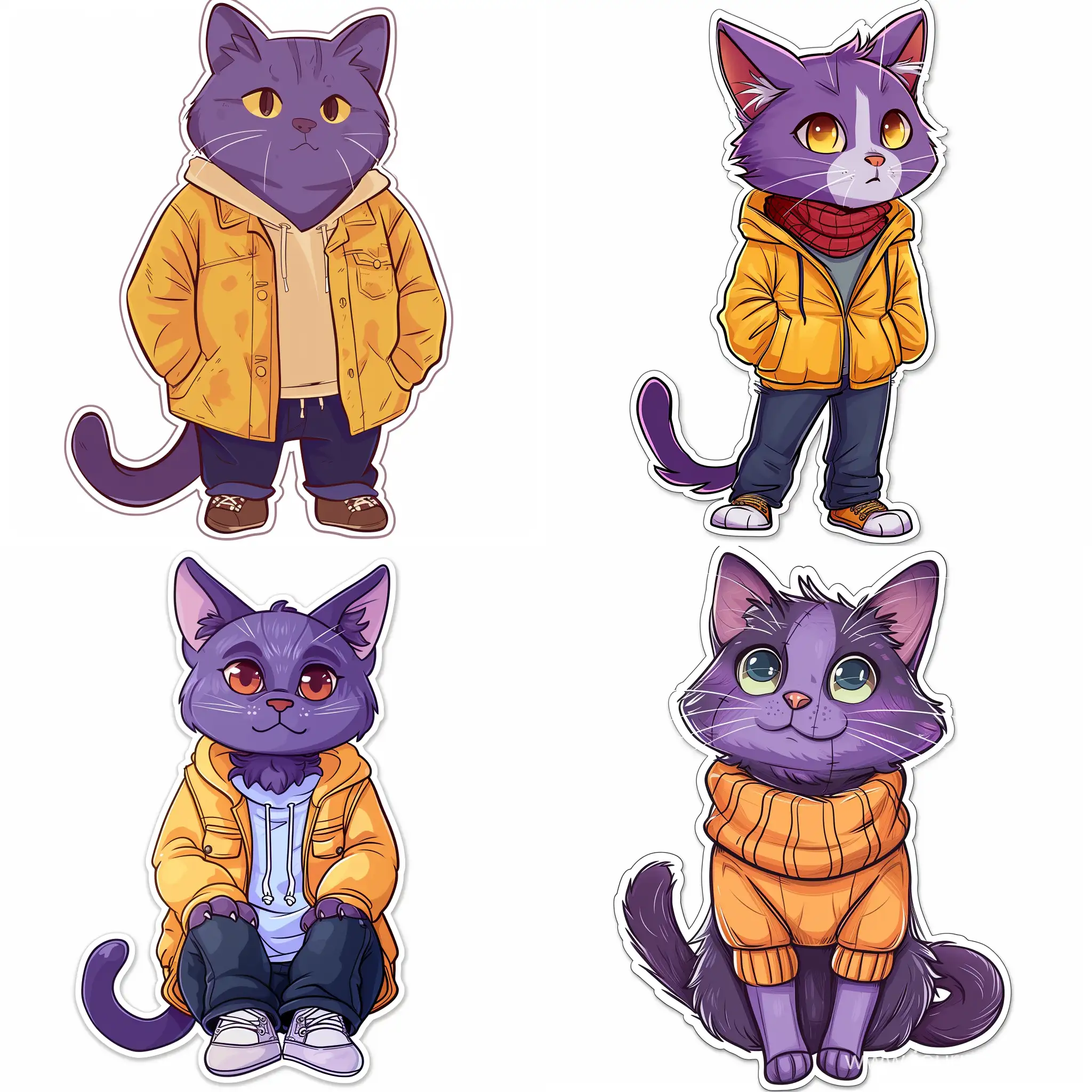 Нарисуй стикер кота, фиолетовый кот, простая одежда, обычная поза, цифровая иллюстрация, без фона
