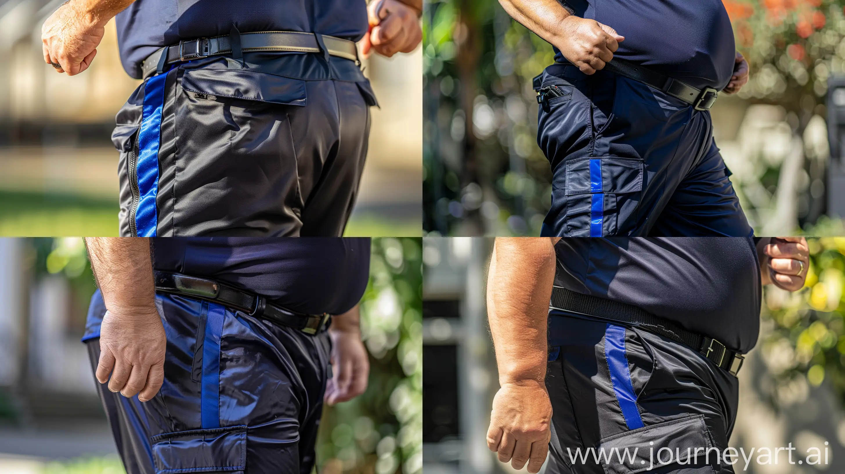 Close-up photo of a fat man aged 60 wearing silk navy blue cargo pants. Vertical royal blue stripe on side of the leg. Tucked in silk navy sport polo shirt. Big black tactical belt. Running. Natural light. --ar 16:9