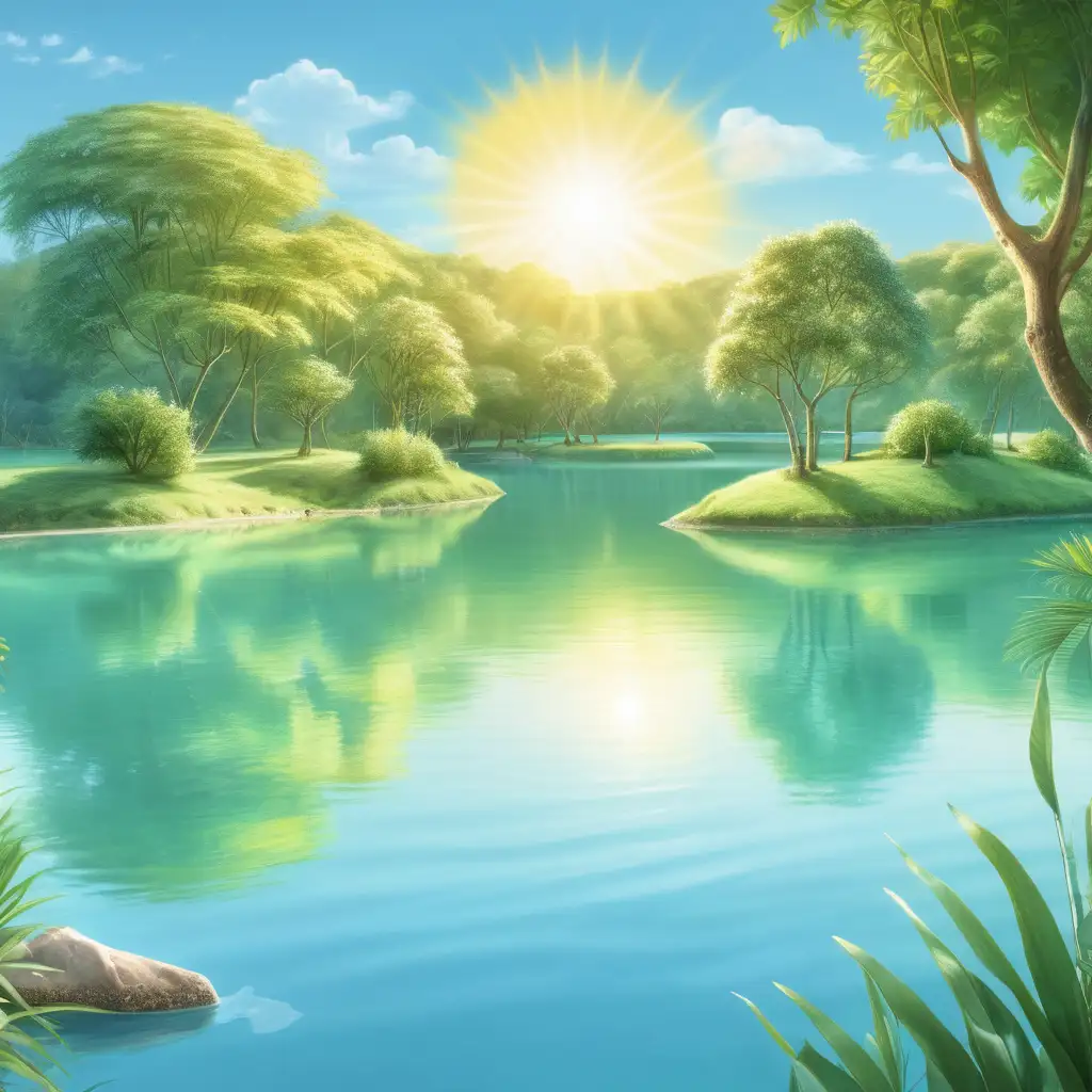 A very basic kids book serene lagoon scene with the sun on a gentle riverbank. The lagoon is surrounded by lush greenery. The sky is clear and bright, reflecting the calm atmosphere