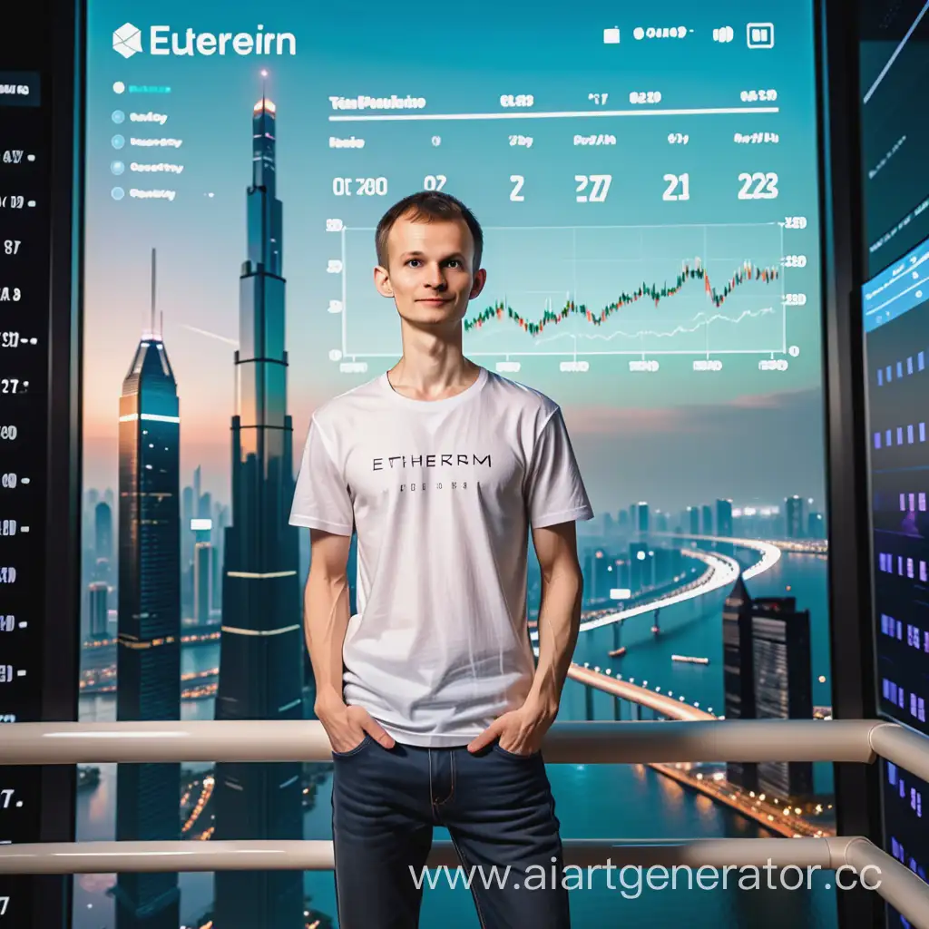 Виталик Бутерин? создатель ethereum, стоит перед экраном, на котором отображается график изменения курса криптовалюты. Он одет в футболку и джинсы. На заднем плане виден город будущего с небоскрёбами и летающими машинами.