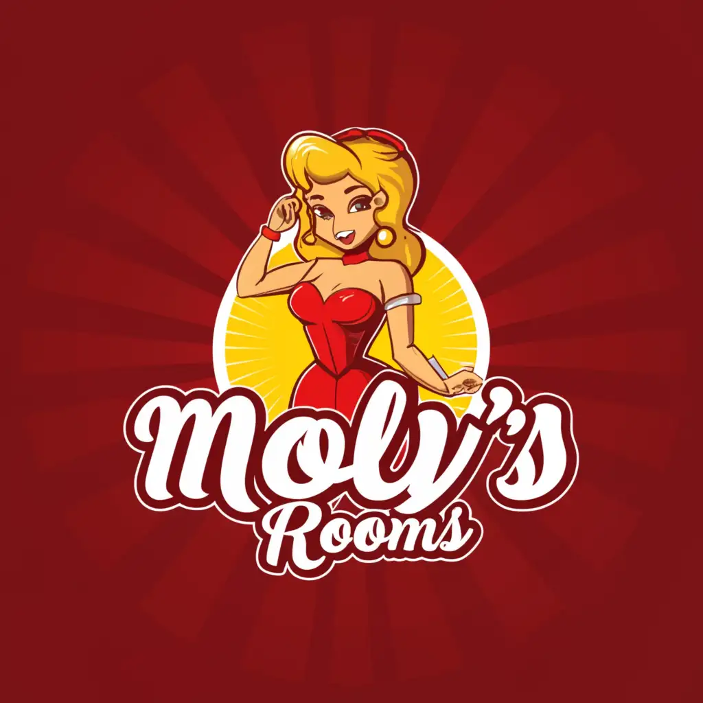 a logo design,with the text "Moly’s Rooms", main symbol:Mascot girl in a red dress, a blonde in pin-up style
Bright colors: red, yellow, gold,Умеренный,be used in Рестораны industry,clear background