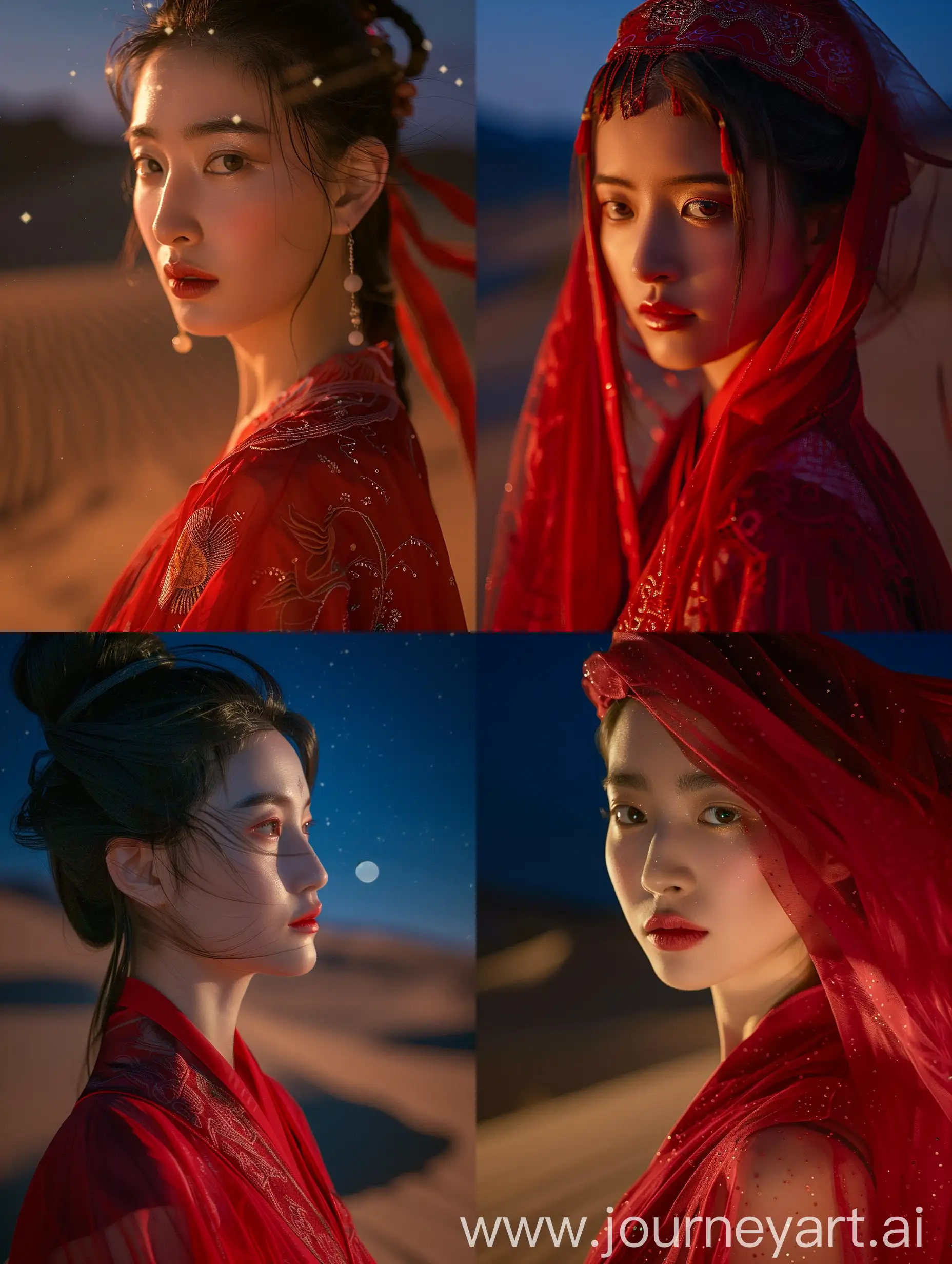 沙漠里，一个美丽的中国女性，红色敦煌服饰，夜色里，特写，摄影写实风格，8K高清，3:4