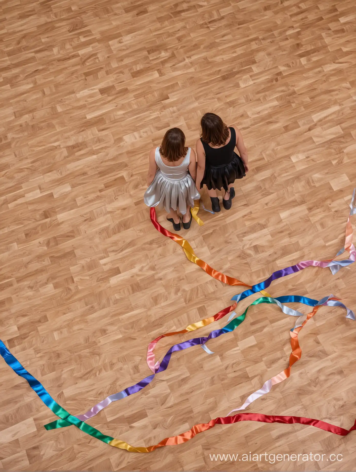 Two-People-Observing-Colorful-Satin-Ribbons-on-the-Floor