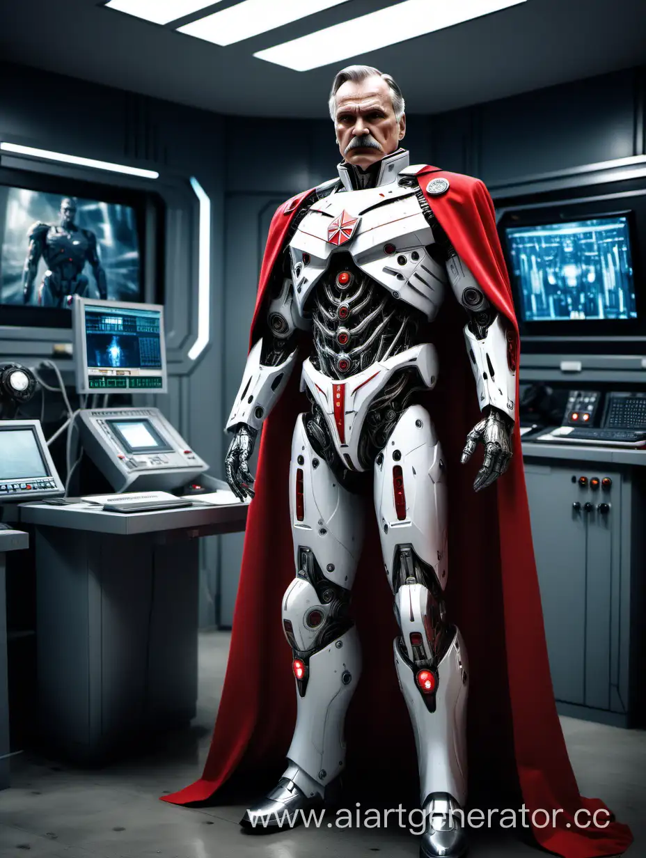 Polish marshal Jozef Pilsudski pictured as fantasy super hero cyborg like The Terminator or Robocop. Full person view. Has red cloak. In the background there should be a control room of a spaceship like in Star Trek. Polish national symbol that should be used is white eagle with crown.