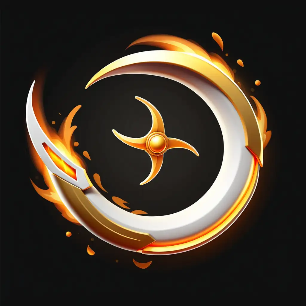 3D,
RPG Icon,
fiery gold and white circle boomerang,
black background, 
speed