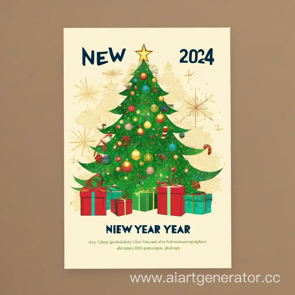 Postcard with the text: "New Year 2024''. 
and image of green dragon, christmas tree and gifts