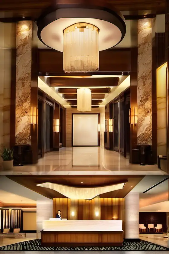 create a spa lobby based on this image. the front desk needs to be ADA compliant, the light fixture shape and size is good but make them out of onyx or marble 