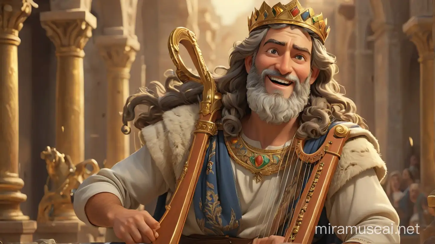 Jewish biblical king David, holding a harp, he is happy. with joyful wide background  In the style of realism, 3D animation
