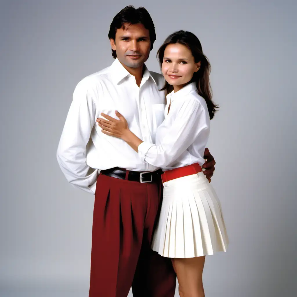 young virginie Ledoyen, mid long dark brown hair,  long sleeved  pearly white polyester shirt blouse and red pleated skirt and white pump, asked for marriage by her Indian man wearing a black cotton short sleeve t-shirt in jeans on one knee,  in brightly white background 