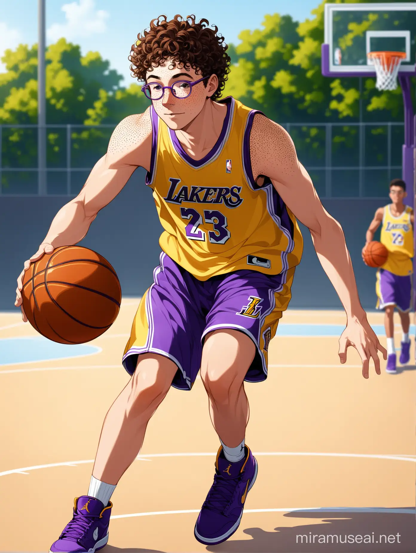 (Full body) A teenage boy with curly brown hair, wearing a Los Angeles Lakers Kit, red round-rimmed glasses, in his ear, purple Nike Jordan shoes, and freckles around his nose.  He playing basketball in street Basketball Stadium