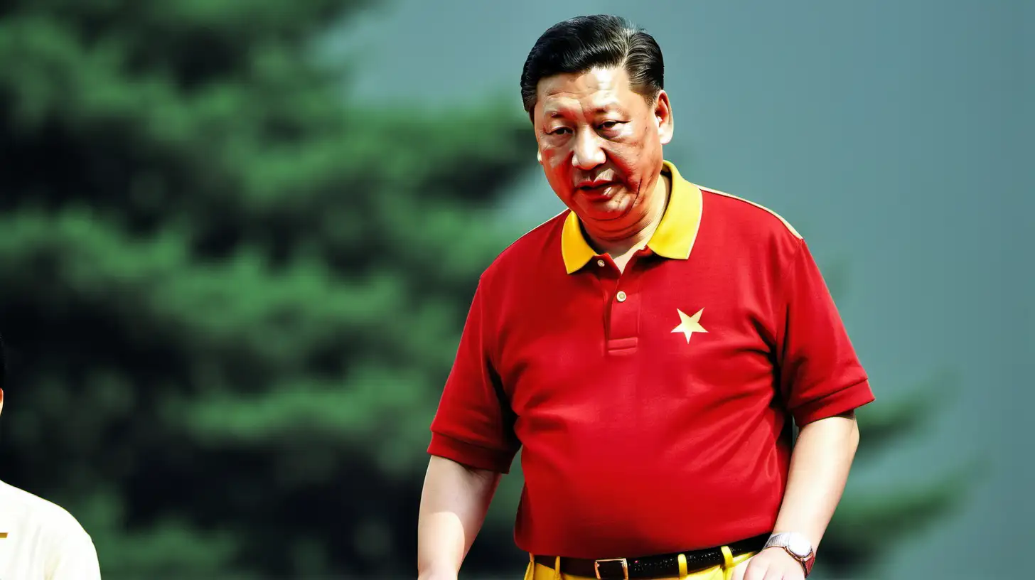 Xi Jingpin wearing a red polo shirt and yellow pants.