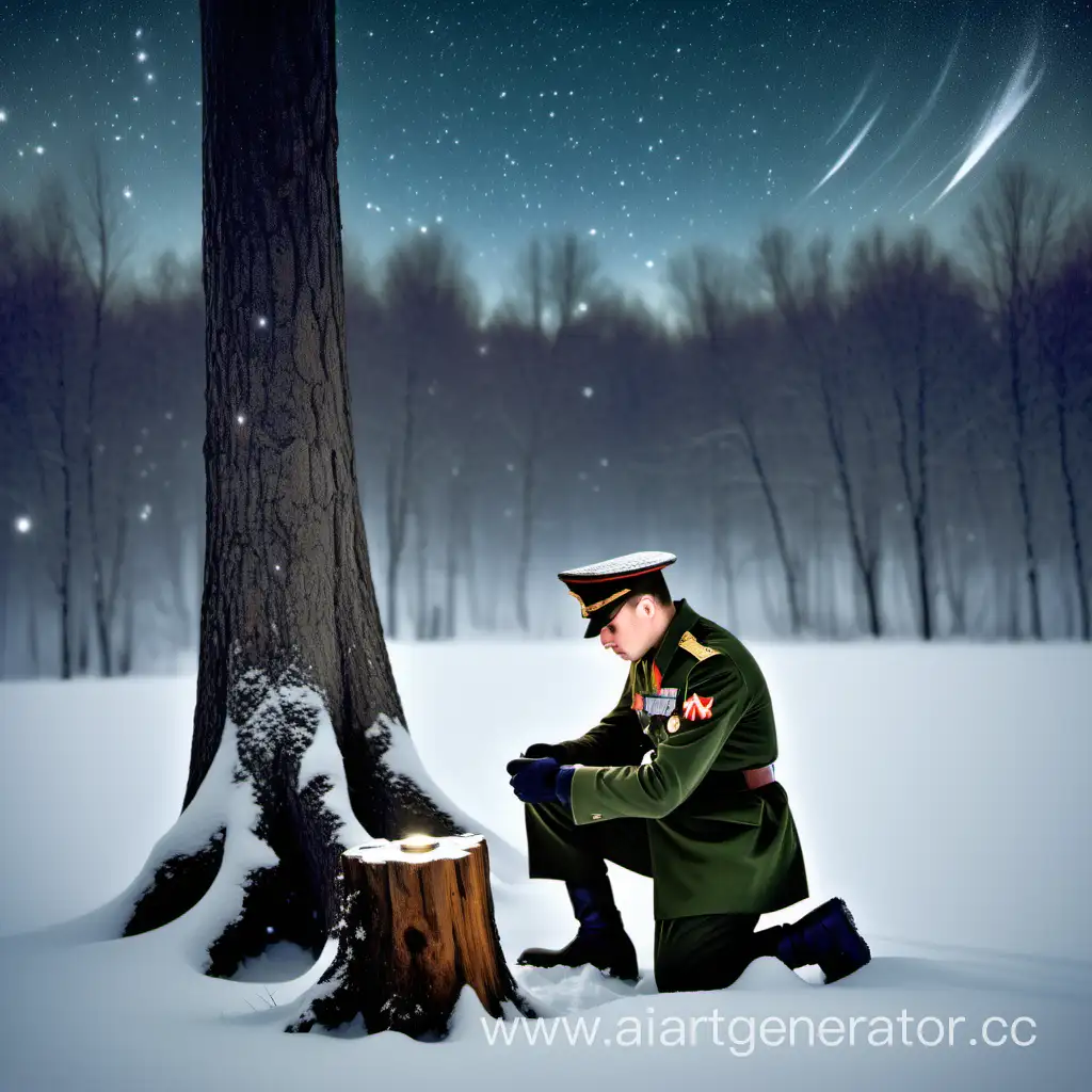 В снежном поле метель, пне у леса сидит мужчина, лица его не видно, а видно только спину, он в военной форме и кобурой на ремне, он рассматривает карманные часы, видно на небе звёзды