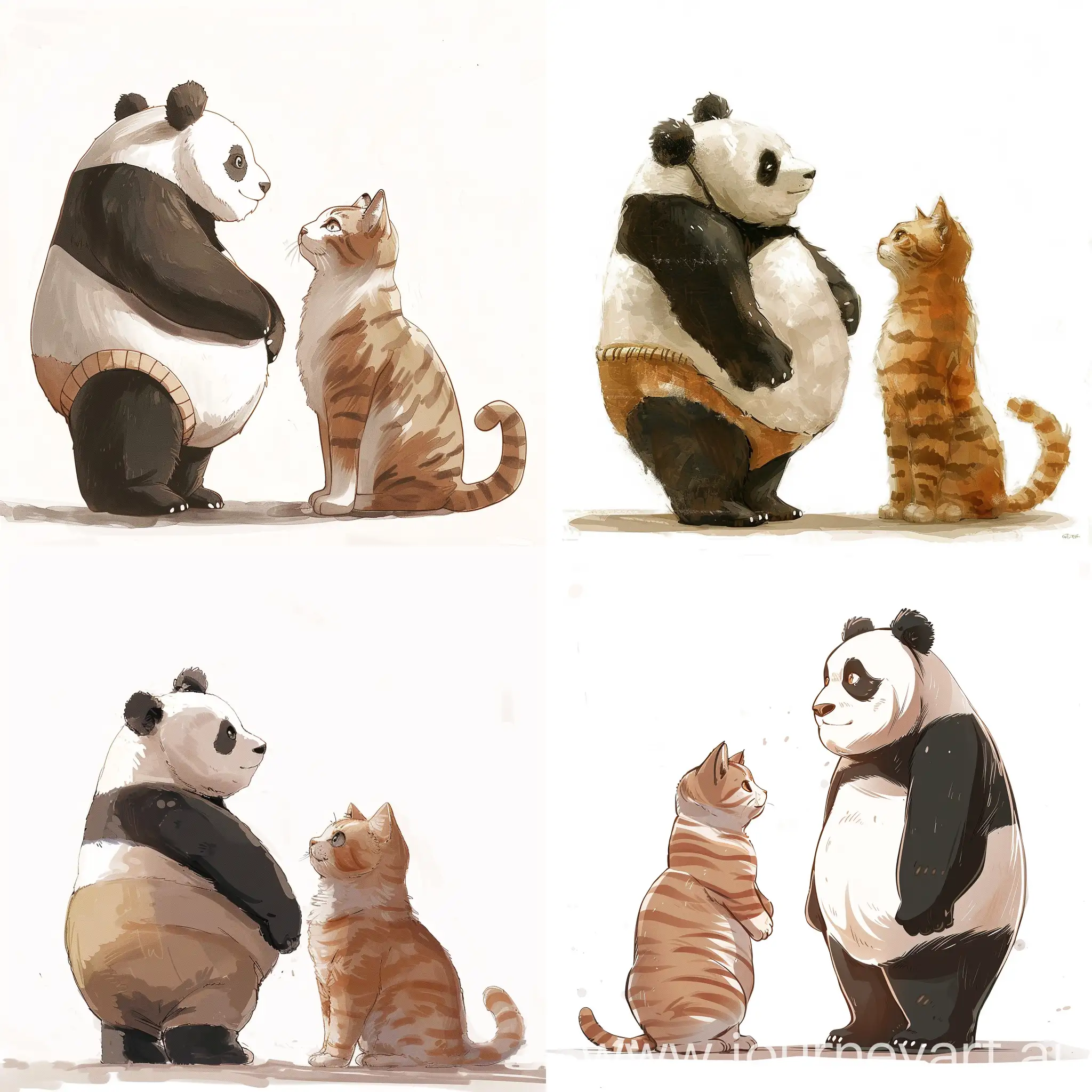 A chubby anime panda and cat standing next to each other facing away with white background