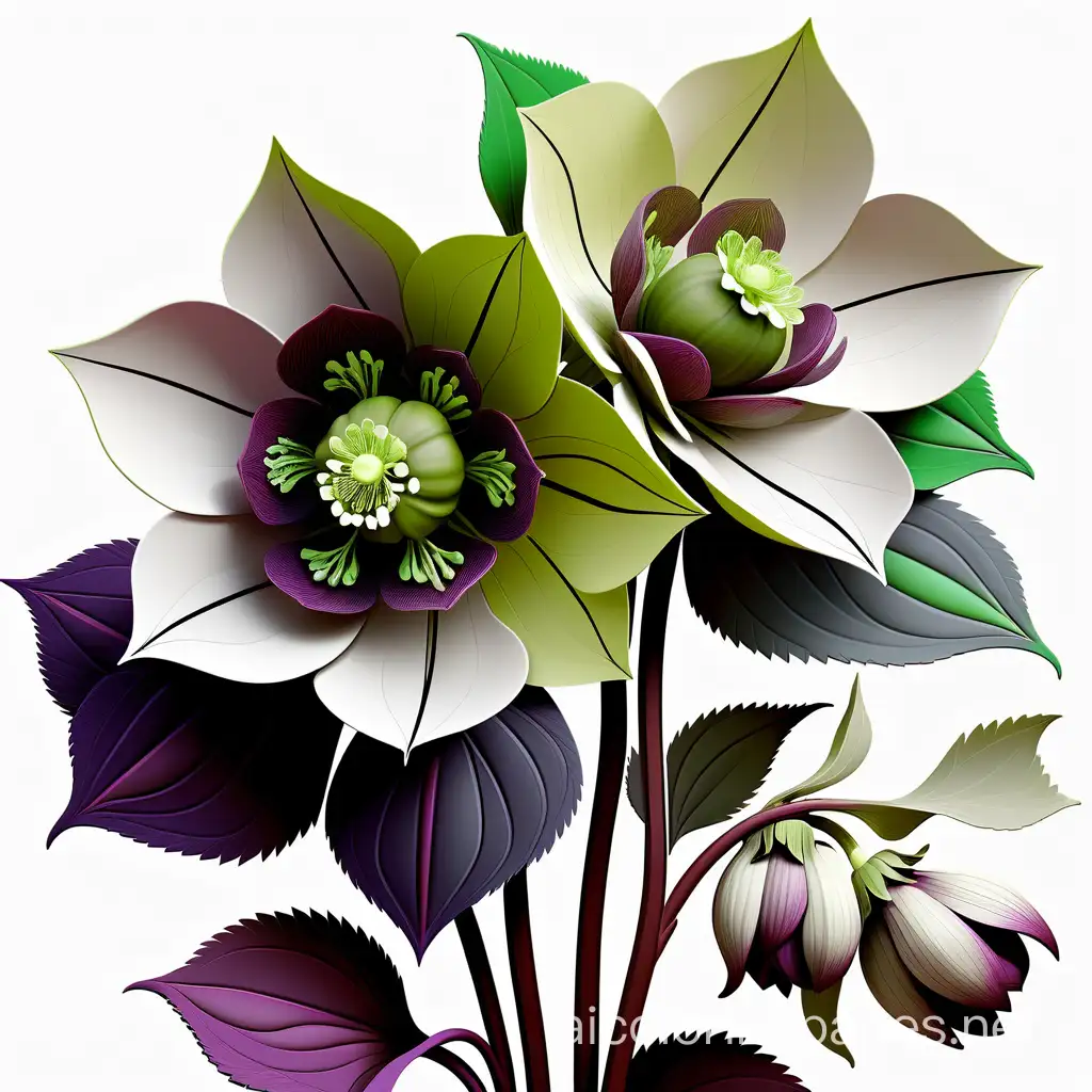 fantasy hellebore flowers in strong colors, in style of Shin Saimdang, digital painting ,extremely detailed ,fantasy, oil on canvas, beautiful imperial colors ,light reflections, Coloring Page, black and white, line art, white background, Simplicity, Ample White Space. The background of the coloring page is plain white to make it easy for young children to color within the lines. The outlines of all the subjects are easy to distinguish, making it simple for kids to color without too much difficulty