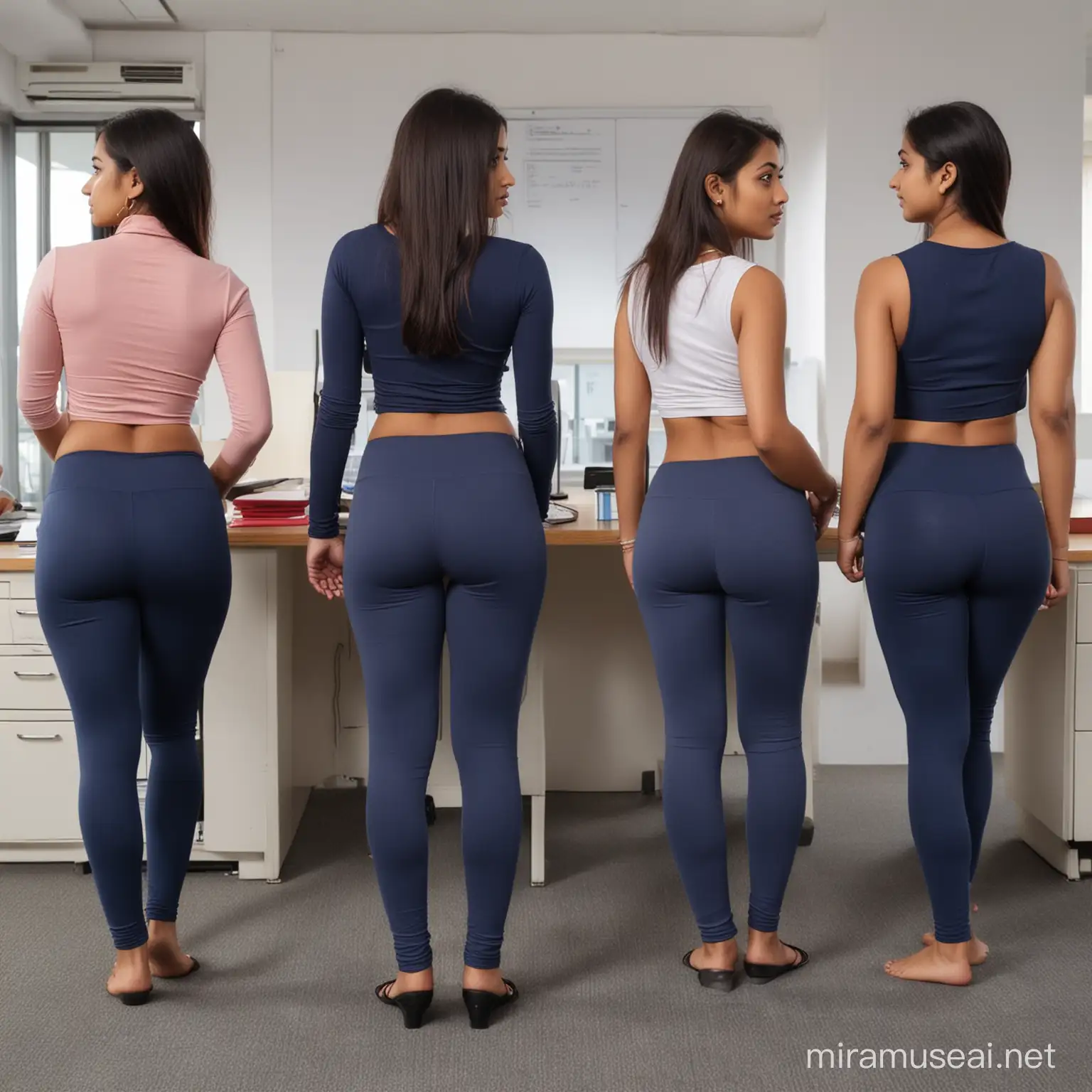 facing back four  indian youg working women   waiting for boss inside office  wearing  camel toe tight dark blue leggings