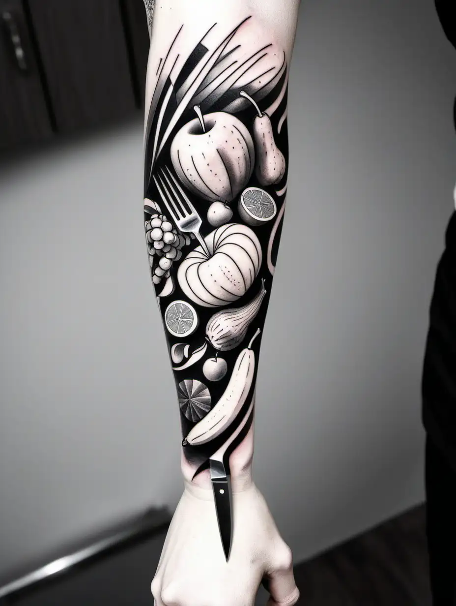 Chefs Culinary Sleeve Abstract Fruits and Vegetables Tattoo in Monochrome