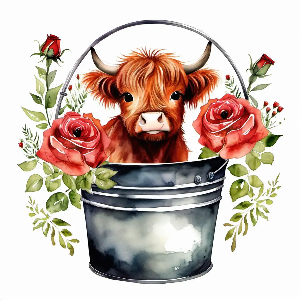Baby highland cow in a bucket surrounded by red roses in watercolor style