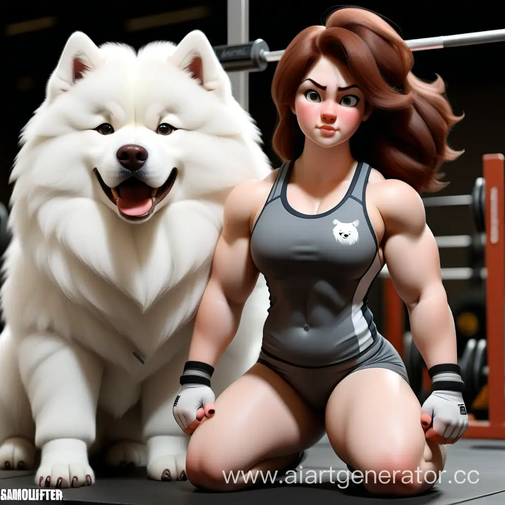 A powerlifter girl with brown hair and a white samoyed