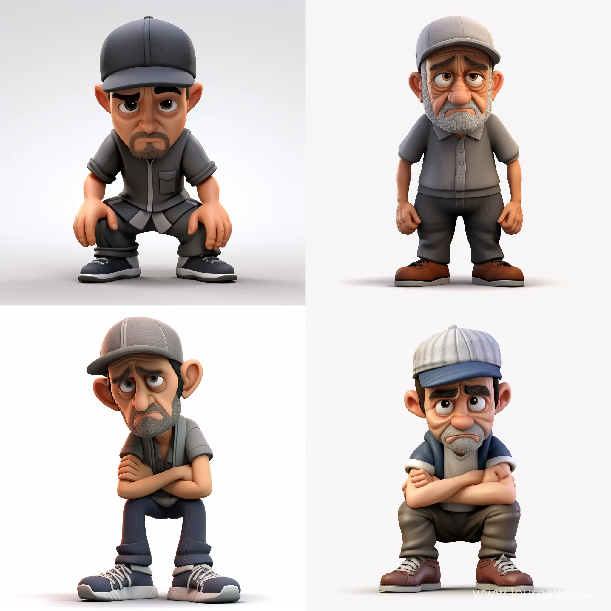 middle aged man in 3d modern cartoon style. the prisoners' clothes and cap are striped in black and white. pensive face. on his feet are coarse shoes. He stands in a sad pose. sadly throws up his hands. maximum detail. HD quality. pixar style, chibi, disney style character. cartoon style. 3d quality