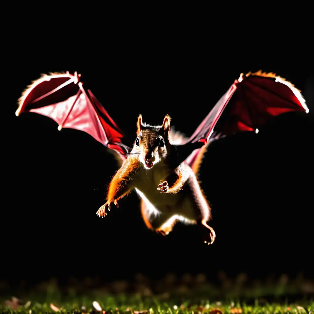Vampire squirrel female flying in park, dark lines, night 