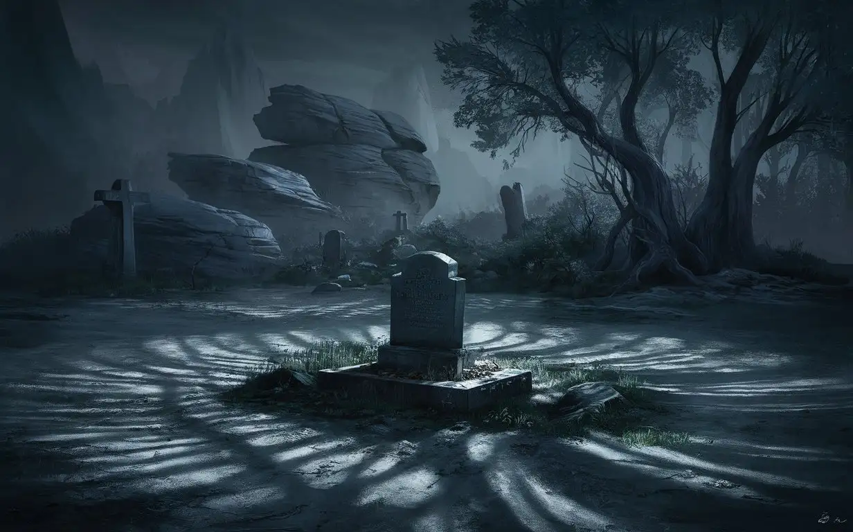 Gloomy-Graveyard-with-Central-Tomb-Surrounded-by-Rocks-and-Forest
