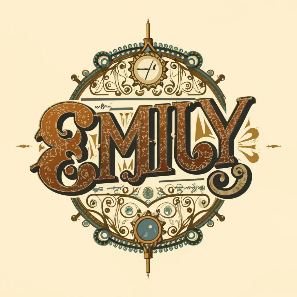 logo, logo, vector steampunk style WHITE BACKGROUND ,with the text "EMILY", typography, bright vibrant colors . ultra sharp 3mm outlined lettering and image, full color image fill , ultra-detailed images with sharp lines and textures, capturing every detail with precision, ultra fine sharp outlined image , no copyright, no watermark, ,, with the text ".", typography