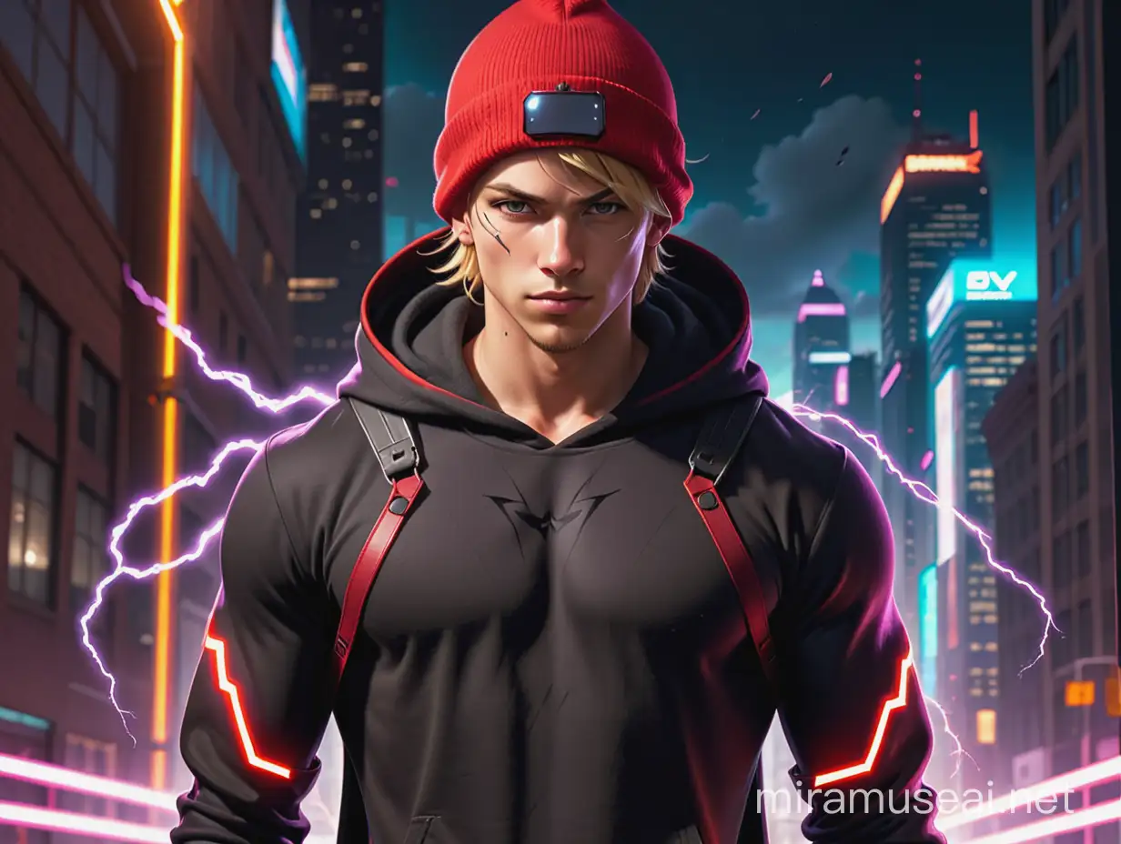 muscular athletic teenage-20s dark-skinned blond male cyberpunk vigilante, scarlet beanie hat, scarlet black hooded graphic sweatshirt, scarlet black fingerless gloves, modern-futuristic streetwear techwear, red electricity lightning crackling between fingertips, soft lighting, anime edgerunners character poses reference sheet