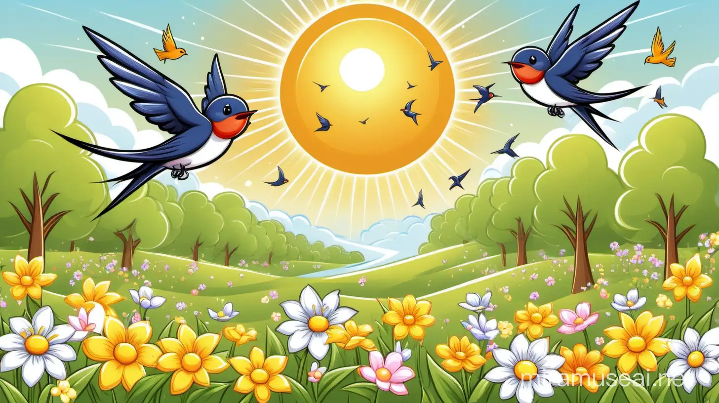 cartoon drawing SPRING: swallows are flying, birds are singing, trees, bushes and flowers are blooming, the sun is shining