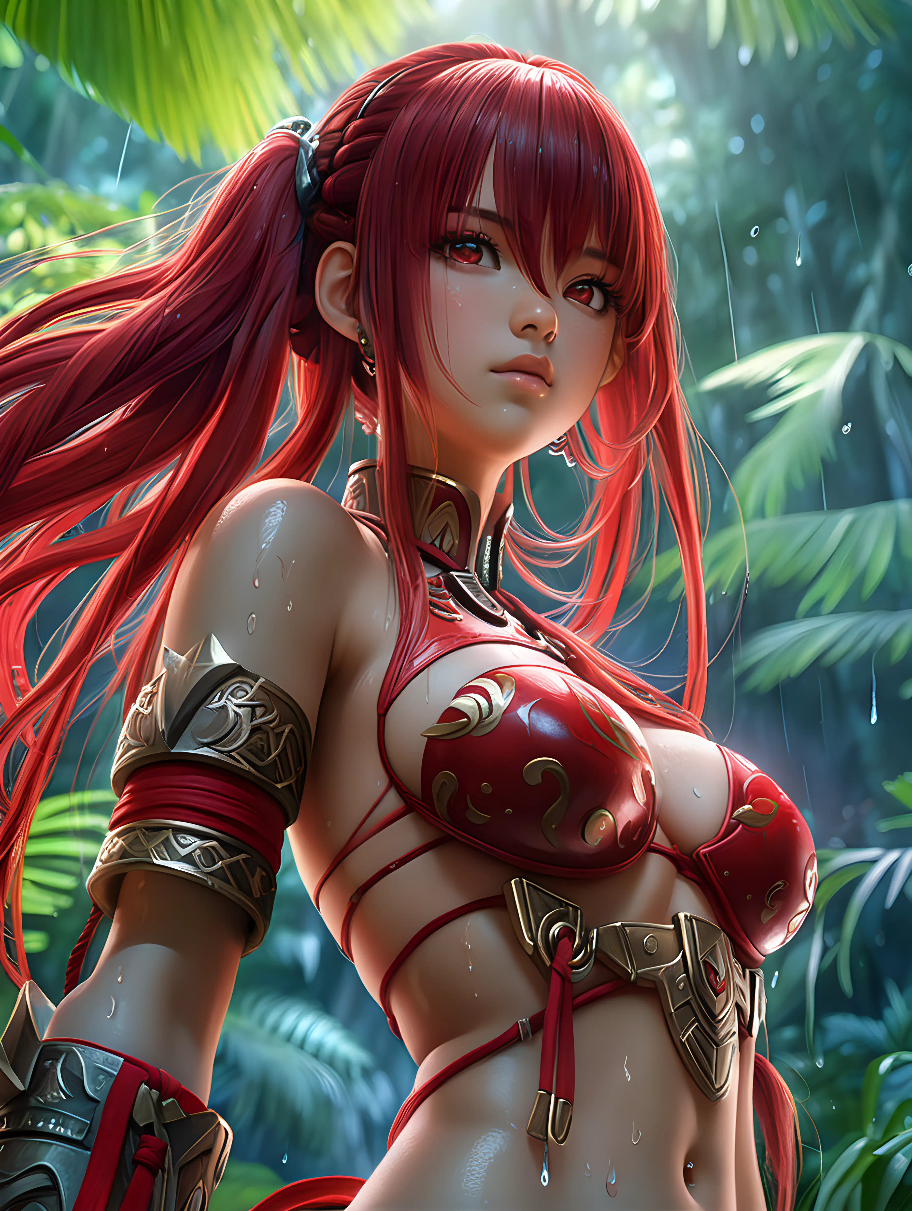 (cinematic lighting), An anime beautiful girl warrior immersed in the lush and mysterious landscapes of a Vietnam jungle. Envision her clad in practical yet elegant red warrior attire, Her eyes reflect a mix of determination and vigilance, showcasing her readiness for any challenge that may arise in the dense foliage. Surrounded by vibrant flora and towering trees creating a visually captivating scene that melds nature's beauty with the fierce spirit of the anime girl warrior, wet clothes, wet body angle from below, intricate details, detailed face, detailed eyes, hyper realistic photography,--v 5, unreal engine