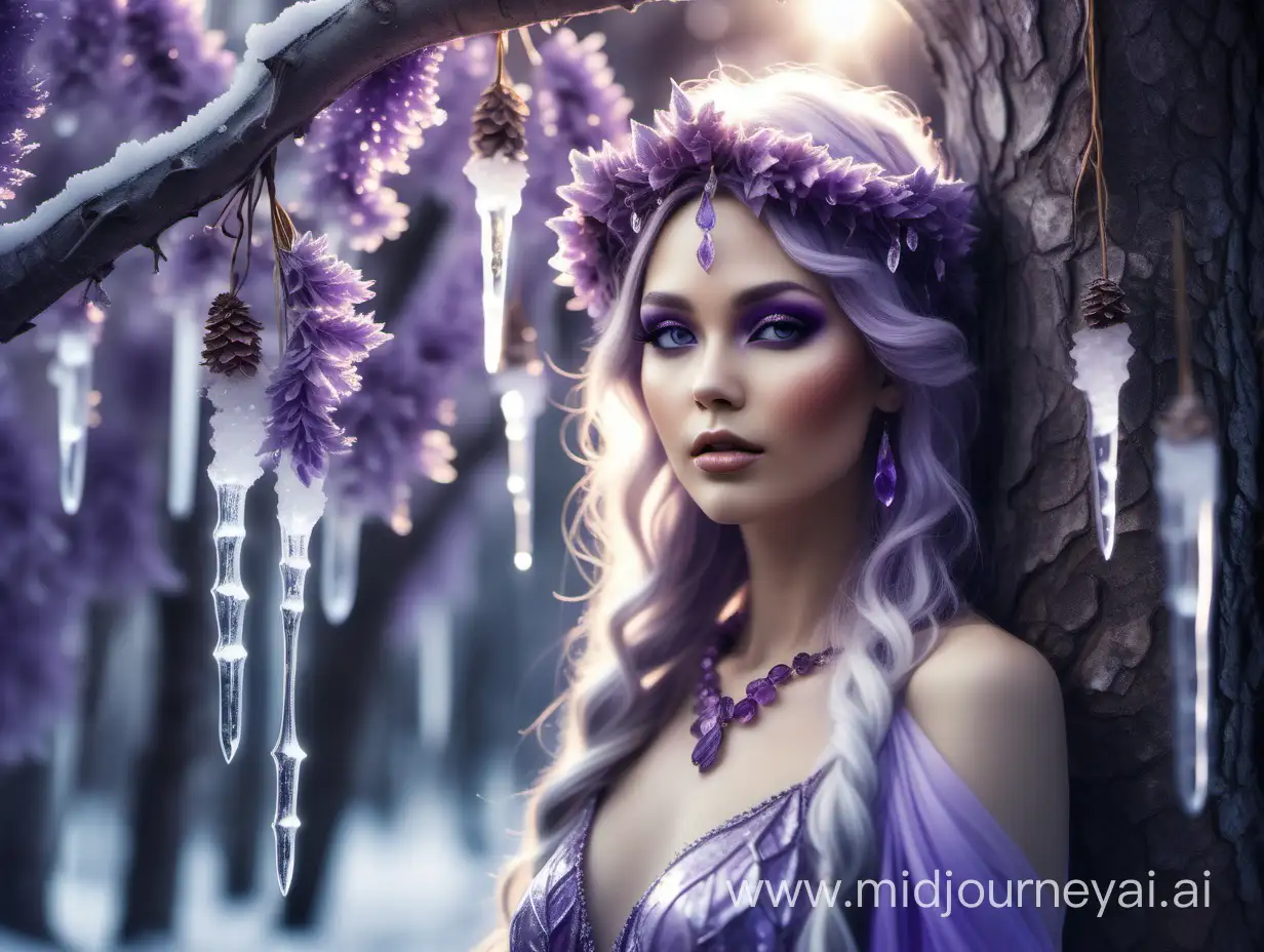 gorgeous and beautiful forest goddess wearing amethyst crystals under a lavender tree with icicles.,Young beauty spirit, realistic