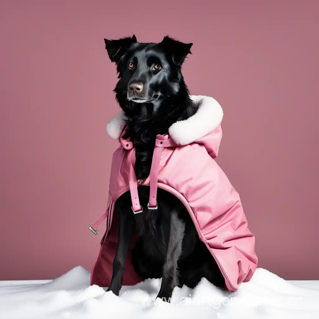 черная собака с белой грудкой похожая на маленькую овчарку сидит на снегу в розовой курточке с маленькой коричневой сумочкой в виде какашки