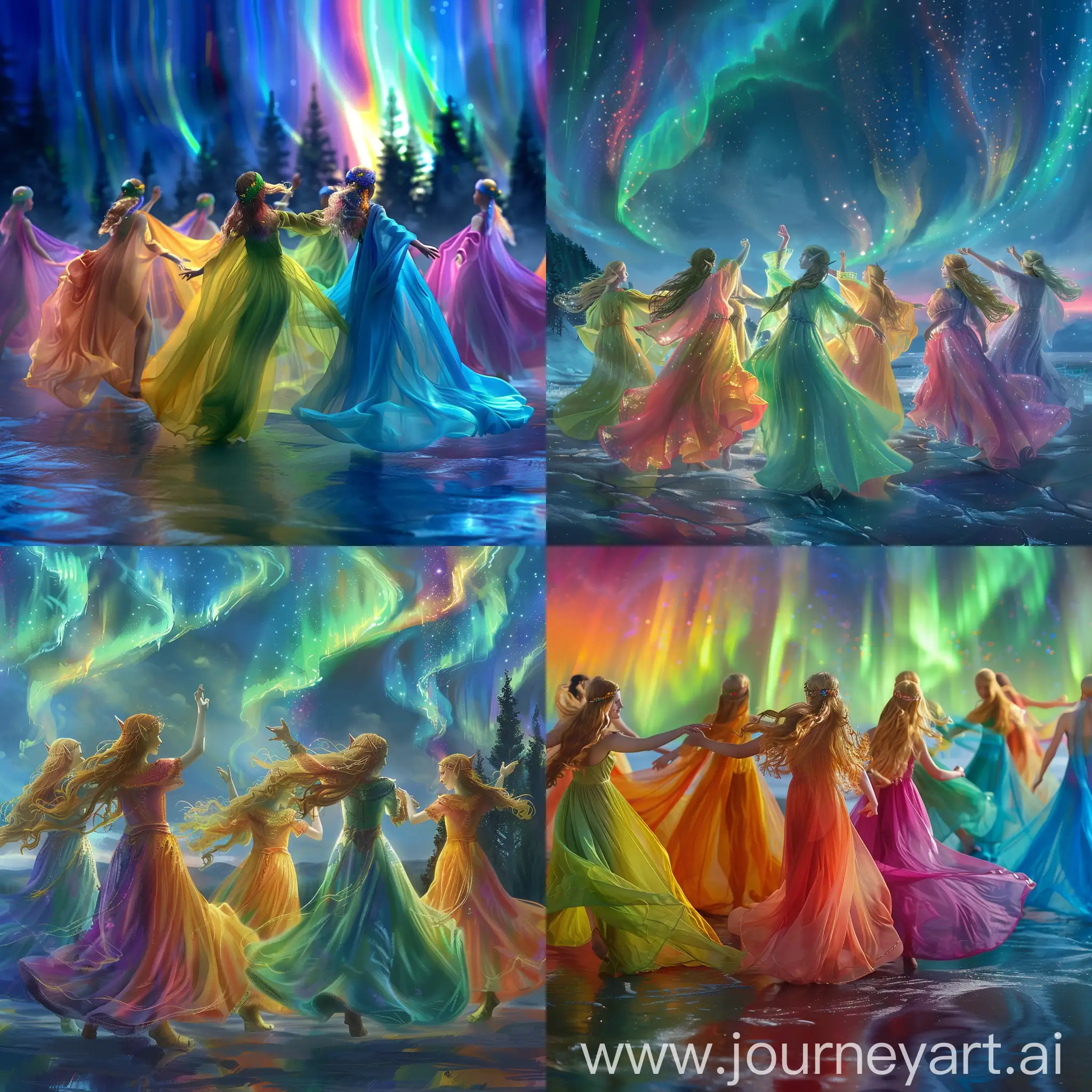 Elf girls dressed in airy dresses of all colors of the rainbow dance at the evening celebration of the vernal equinox in Lothlorien, when the iridescent northern lights shine in the sky