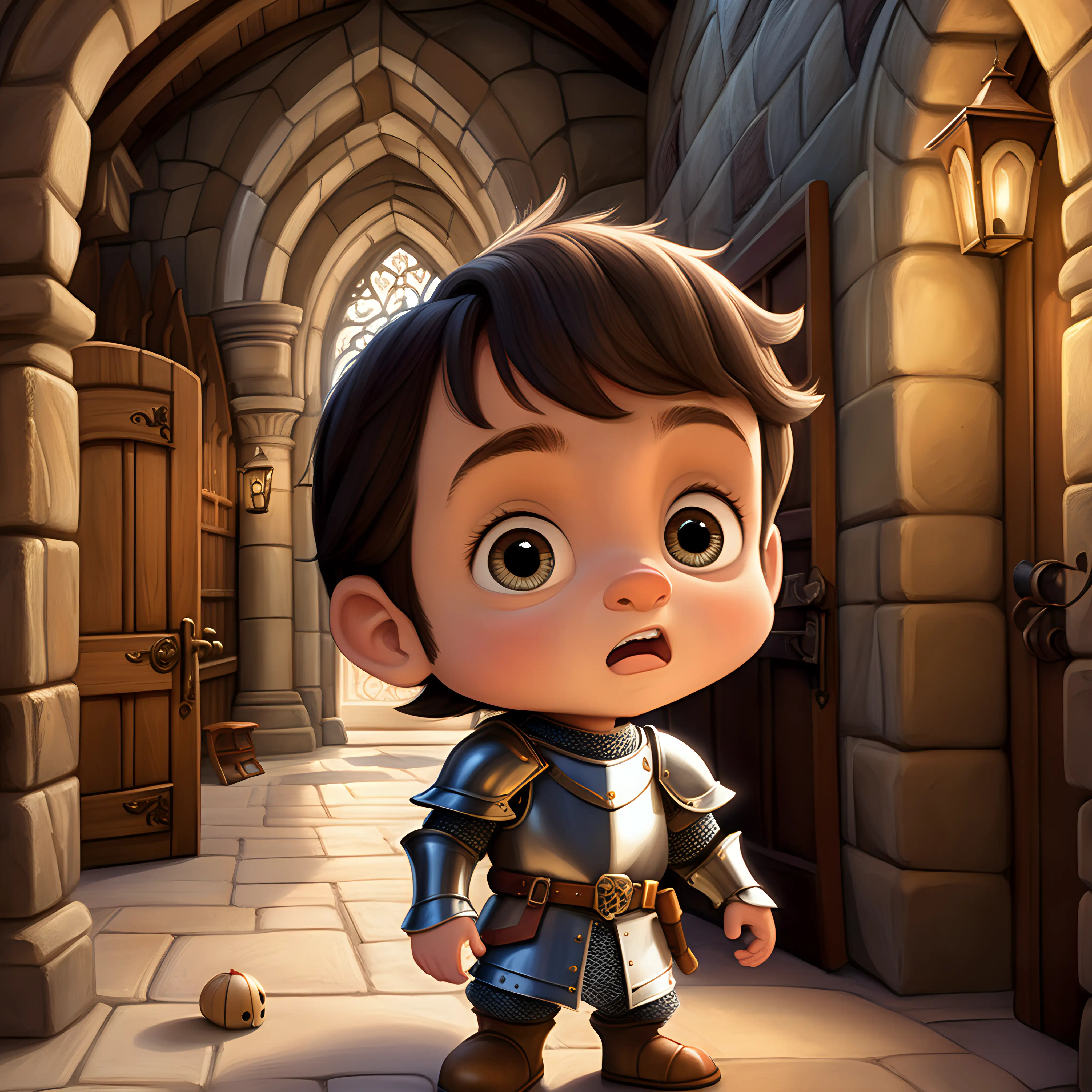 a charming three-year-old prince boy with dark brown hair and adorable big, expressive eyes and slightly protruding ears,hears a scary sound in a medieval setting, there are some wooden toys, The backdrop showcases a picturesque hallway with knight's armors in a palace. Aim for a Pixar-style rendering.