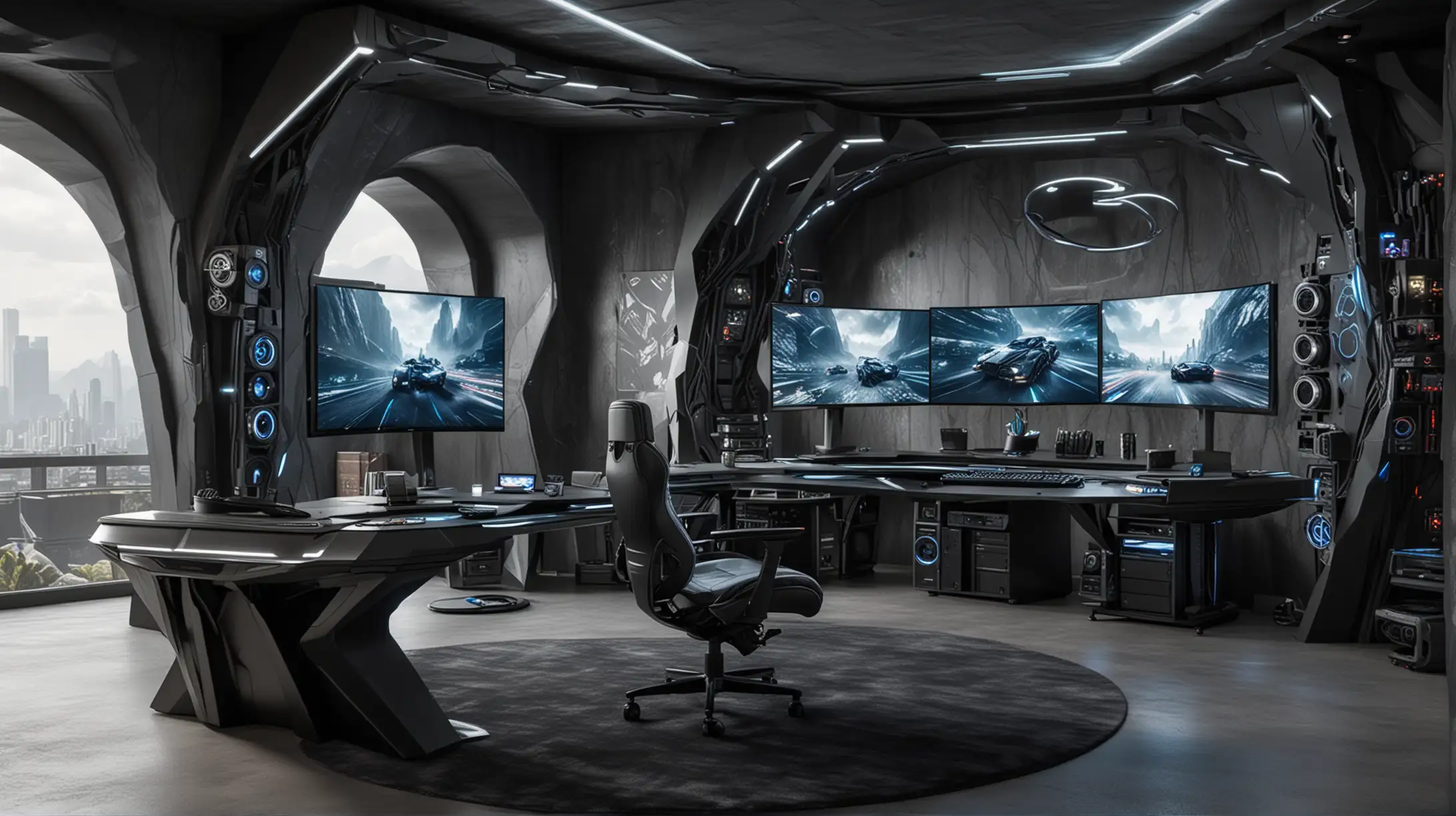Elaborate super-computer desk setup and TV playroom design inspired by the aesthetics of the Batcave with Futuristic Ergonomic Gaming Computer Station with Ultra wide screens and home cinema.