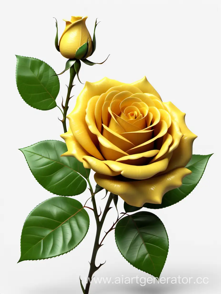 Vibrant-8K-HD-Realistic-Dark-Yellow-Rose-with-Fresh-Lush-Green-Leaves-on-White-Background