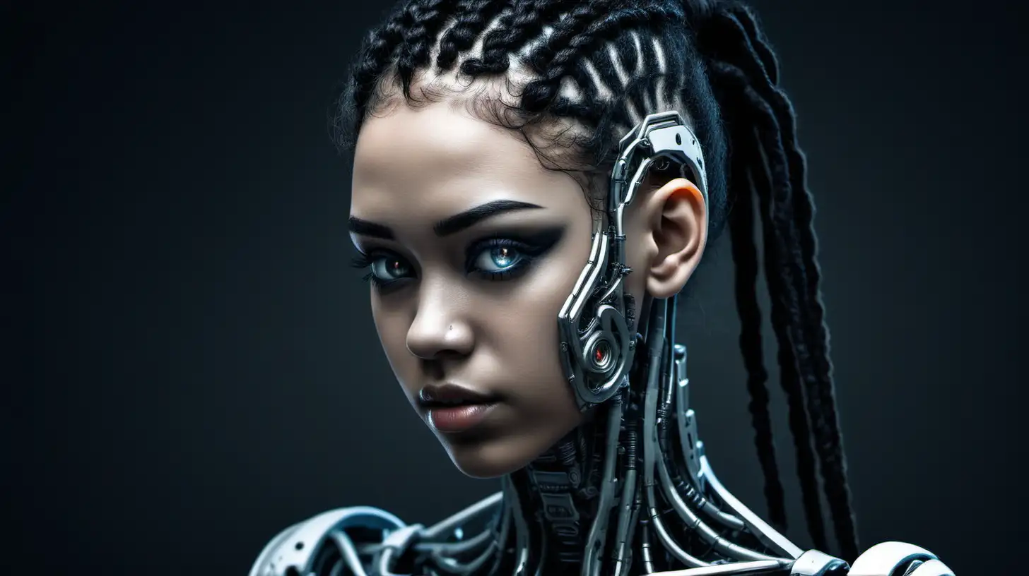 Cyborg woman, 18 years old. She has a cyborg face, but she is extremely beautiful. Dark tiny braids. Wild hair.